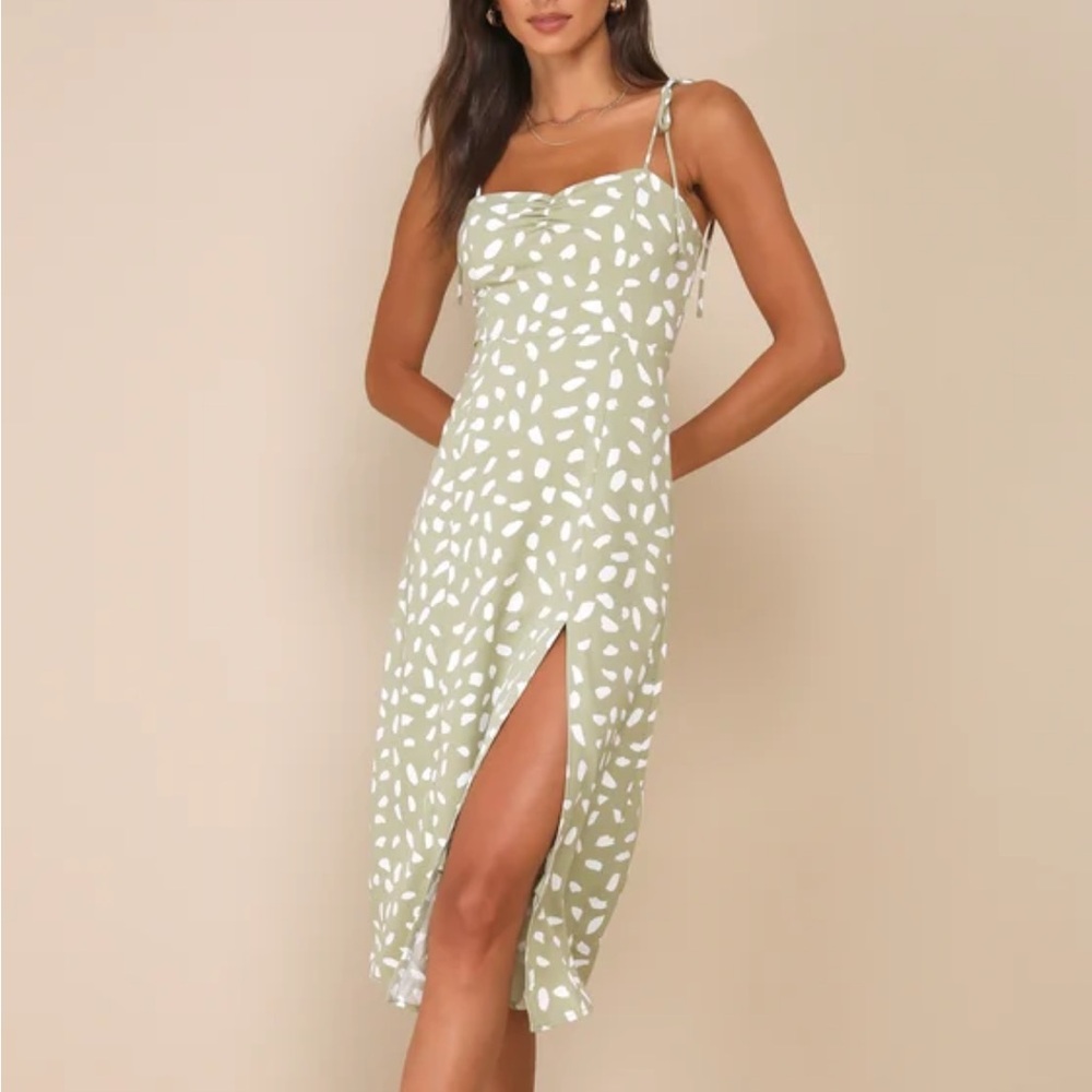 Lulus Party in Paris Sage Green Print Tie-Strap Midi Dress